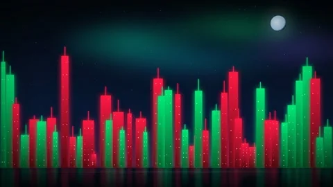 Abstract Financial Candlestick Chart Moving Against a Dark Night Sky with Stock Footage 344776016