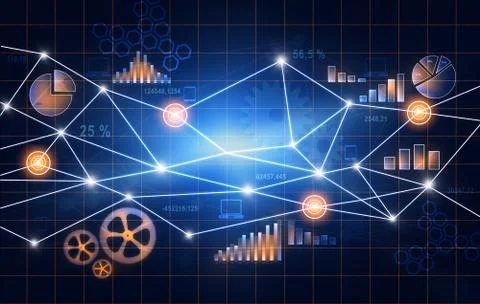 Abstract financial charts on the network of points connected by lines Illustrazione stock