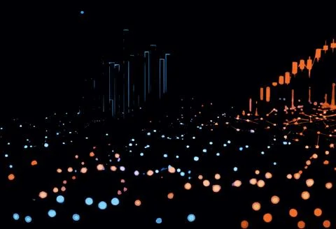 Abstract financial data visualization with glowing nodes and chart bars Stock Illustration