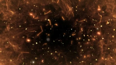 Abstract fire background with floating golden stars and glowing embers in dark Stock Footage 345017236