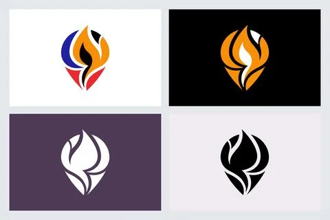 Abstract Fire Map Pin Logo Icon Design Set Stock Illustration