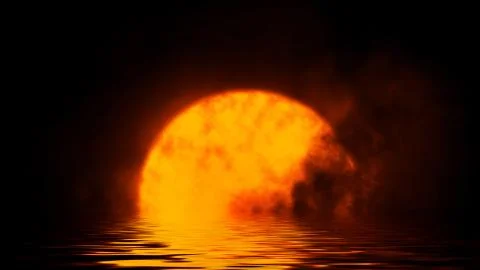 Abstract fire moon and clouds with reflection in water . Mystery smoke , fog  Stock Illustration