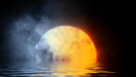 Abstract fire moon and clouds with reflection in water . Mystery smoke , fog  Stock Illustration
