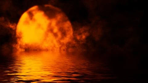 Abstract fire moon and clouds with reflection in water . Mystery smoke , fog  Stock Illustration