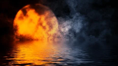 Abstract fire moon and clouds with reflection in water . Mystery smoke , fog  Stock Illustration
