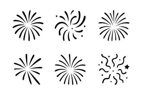 Abstract firework icons set. Hand drawn explosive burst celebrations and festive Stock Illustration
