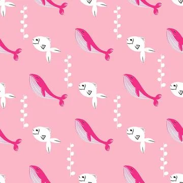 Abstract fish and whale repeat pattern in pink Stock Illustration