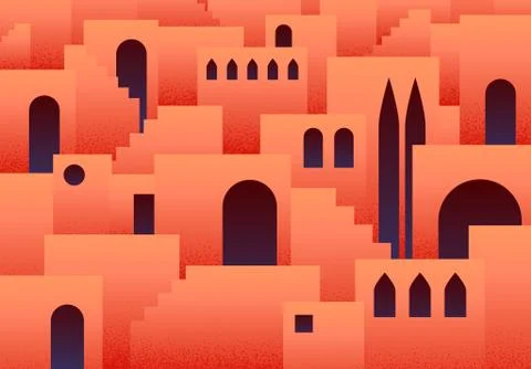 Abstract flat background with eastern, arabic or muslim ancient city with arches Stock Illustration