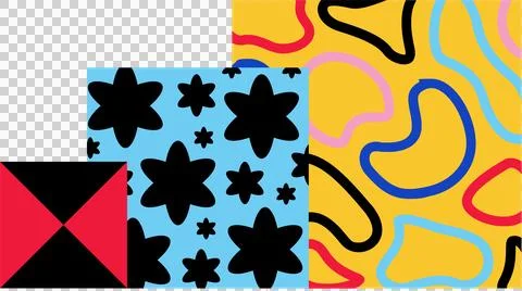 Abstract flat colored panels showing triangles, floral motifs and blobs on Stock Illustration