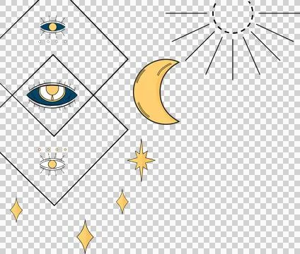 Abstract flat design is featuring eye motifs in squares, moon, sun, stars on Illustrazione stock