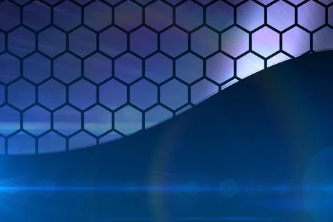 Abstract flat design honeycomb grid forming wave across blue gradient with Stock Photos