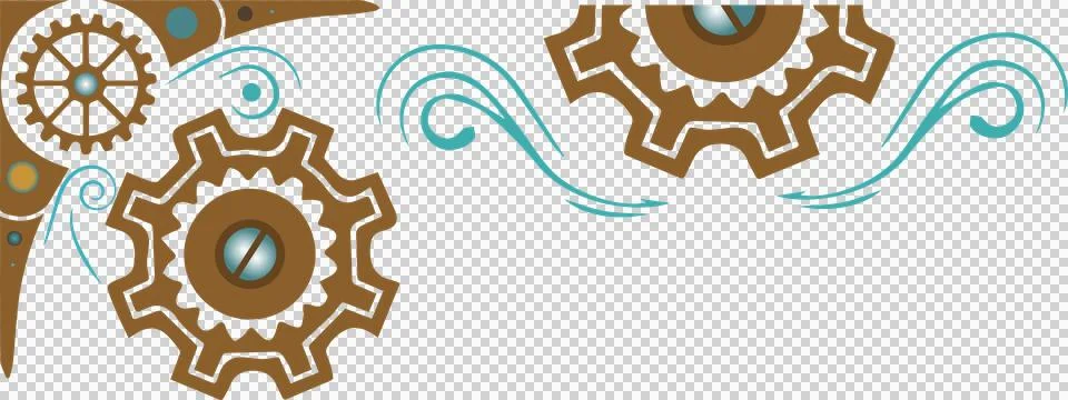 Abstract flat design is showing interlocked brown gears with teal swirls on Stock Illustration
