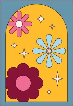 Abstract flat design showing yellow arch with flowers, stars on transparent Stock Illustration
