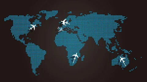 Abstract flat dot matrix world map. Jet planes take off &amp; landing at Stock Footage 119565140