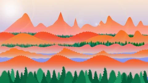 Abstract flat landscape with trees, mountains, pond and sun. EPS 10. Stock Illustration