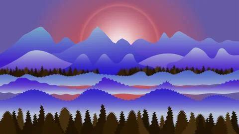 Abstract flat landscape with trees, mountains, pond and sun. EPS 10. Stock Illustration