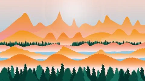 Abstract flat landscape with trees, mountains, pond and sun. EPS 10. Stock Illustration
