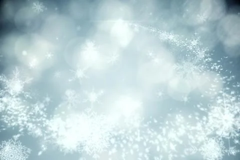 Abstract flat snowflake shapes are drifting across cool-toned winter backdrop Stock Illustration