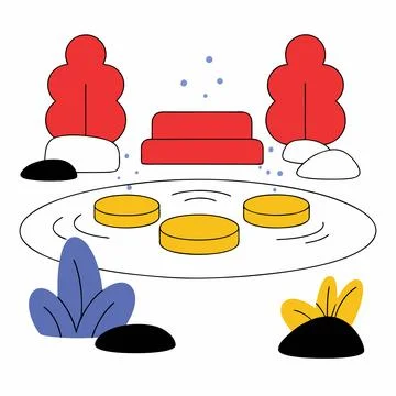 Abstract Flat Vector Nature Scene with Trees and Pond Stock Illustration