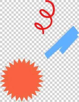 Abstract flat vector showing red ribbon, blue bar, orange-red starburst on Stock Illustration