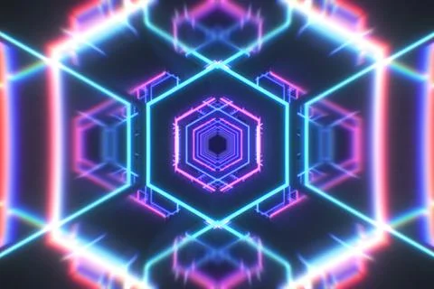 Abstract flight in a hexagonal tunnel in retro futuristic style, 3d illustrat Stock Illustration