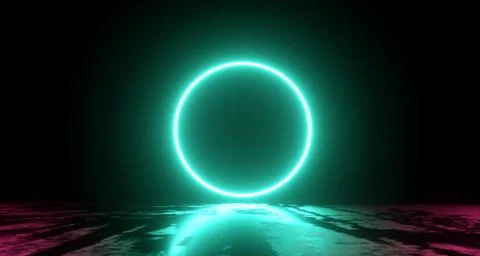 Abstract flight, neon light ring shape, mysterious space landscape. 3d Render Stock Illustration