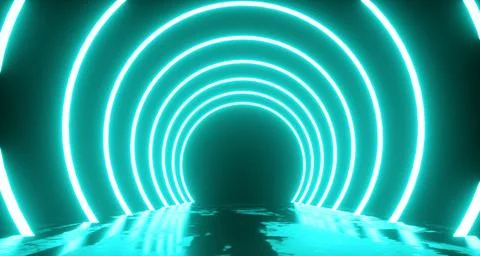Abstract flight, neon light ring shape, mysterious space landscape. 3d Render Stock Illustration
