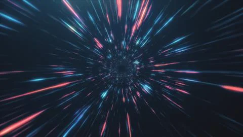 Abstract flight in retro neon hyper warp space in the tunnel 3d illustration Stock Illustration
