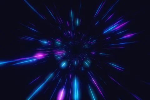 Abstract flight in retro neon hyper warp space in the tunnel 3d illustration Stock Photos