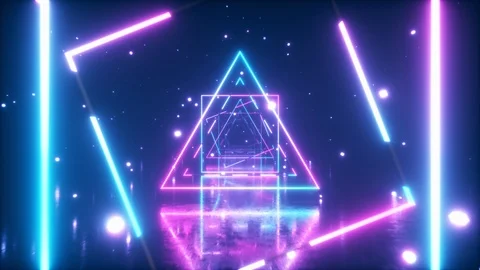 Abstract flight in space through glowing rotating neon squares and triangle Stock Footage