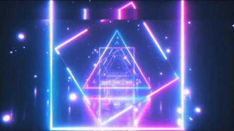 Abstract flight in space through glowing neon squares. Blue pink spectrum, fl Ilustración de archivo