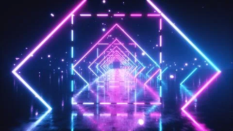 Abstract flight in space through glowing neon squares. Blue pink spectrum, fl Ilustración de archivo