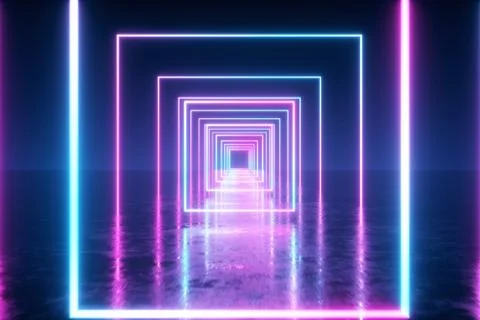 Abstract flight in space through glowing neon squares, fluorescent ultraviole Ilustración de archivo