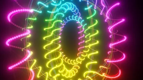 Abstract Floating Glowing 3D Neon Cybernetic Rings Rotating Spinning Illustrazione stock