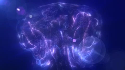 Abstract floating liquid from energetic blue particles glowing magical back.. Stock Illustration