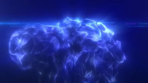 Abstract floating liquid from energetic blue particles glowing magical back.. Illustrazione stock