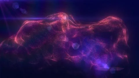 Abstract floating liquid from energy purple particles glowing magical backg.. Stock Illustration