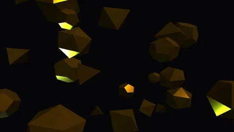 Abstract floating metallic golden polyhedrons with shiny reflective facets .. Stock Footage 342338025