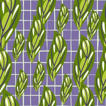 Abstract flora seamless pattern with bright green random leaf shapes. Purple  Stock Illustration
