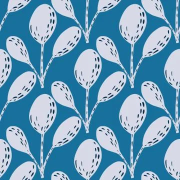 Abstract flora seamless pattern with light grey scandi leaf silhouettes. Blue Stock Illustration