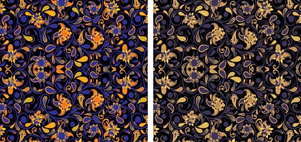 Abstract Floral Art Pattern Set In Gold Orange Blue Violet Color Stock Illustration