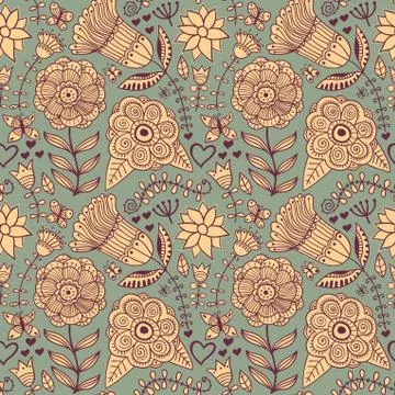 Abstract floral background, summer theme seamless pattern, vector wallpaper,  Stock Illustration