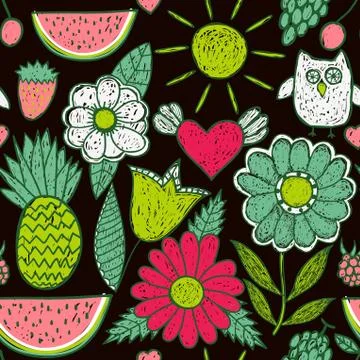 Abstract floral background, summer theme seamless pattern, vector wallpaper,  Stock Illustration