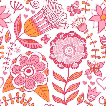 Abstract floral background, summer theme seamless pattern, vector wallpaper,  Stock Illustration