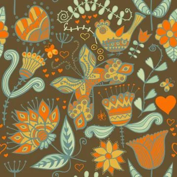 Abstract floral background, summer theme seamless pattern, vector wallpaper,  Stock Illustration