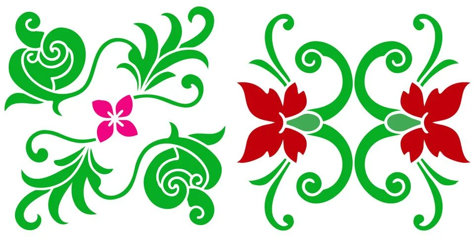 Abstract floral design elements in green, red, and pink colors. Stock Illustration