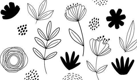 Abstract Floral Doodle Pattern - Black and White Hand Drawn Botanical Element Stock Illustration