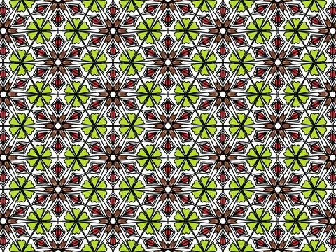 Abstract floral geometric pattern with lime green and red motifs. Stock Illustration