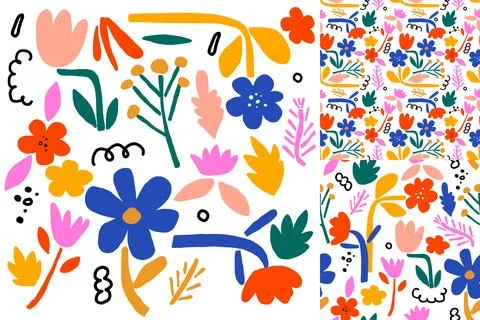 Abstract Floral Hand Drawn Elements Seamless Pattern Set Stockillustratie