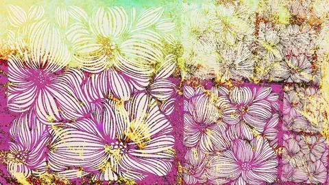 Abstract floral pattern artwork featuring a vibrant collage of white and magenta Stock Illustration